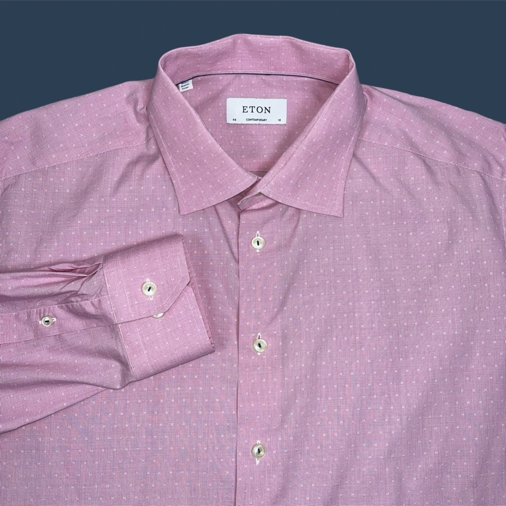 Eton Mens Dress Shirt Shirt 46 18 Contemporary Fit Long Sleeve Geometric Pink